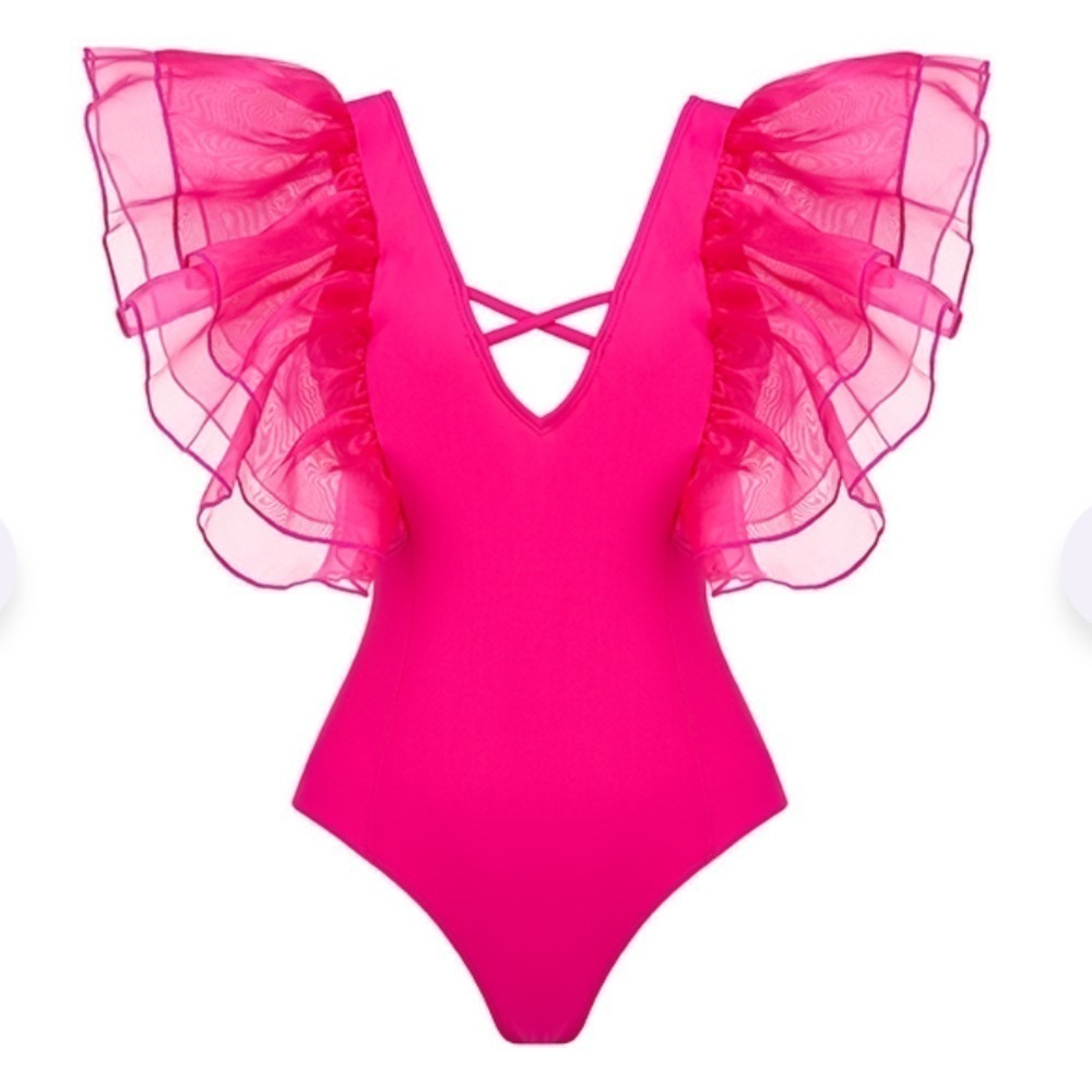 SPORLIKE Neon Pink Mesh Ruffle One Piece Swimsuit - Picture 4 of 8